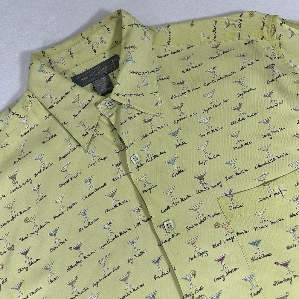 Tori Richard Shirt Mens Medium Green Dirty Martini‎ AOP Graphic 100% Silk Casual